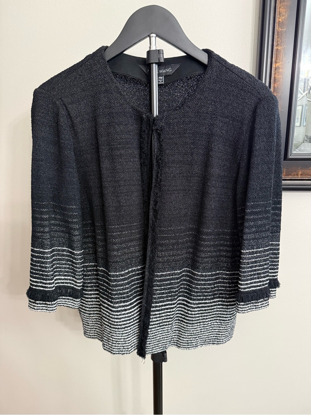 Ming Wang Black and White Striped Open-Front Jacket